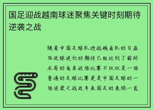 国足迎战越南球迷聚焦关键时刻期待逆袭之战 国足迎战越南球迷聚焦关键时刻期待逆袭之战