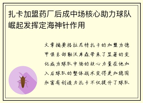扎卡加盟药厂后成中场核心助力球队崛起发挥定海神针作用